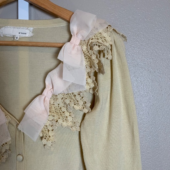 A’Reve Crochet Chiffon Bow V-neckline Cardigan Sweater - Picture 6 of 16